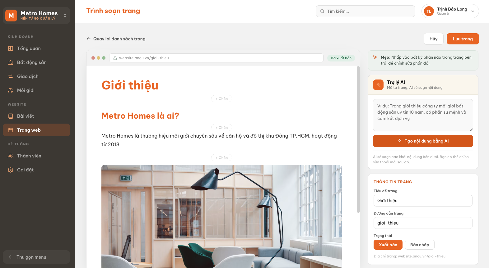 Trình soạn trang: sửa nội dung bên trái, trợ lý AI và thông tin trang bên phải